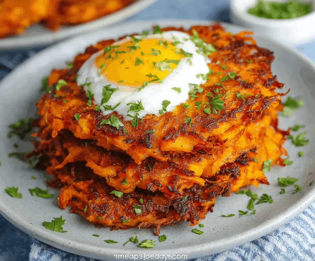 Golden crispy healthy sweet potato hash browns served on a plate, perfect for a nutritious breakfast or side dish.