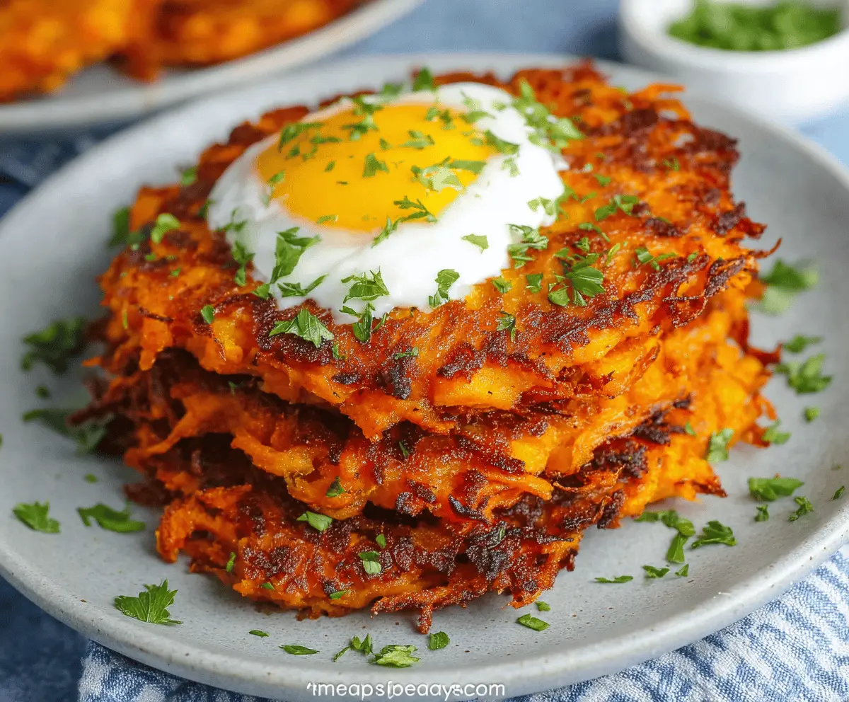 Golden crispy healthy sweet potato hash browns served on a plate, perfect for a nutritious breakfast or side dish.