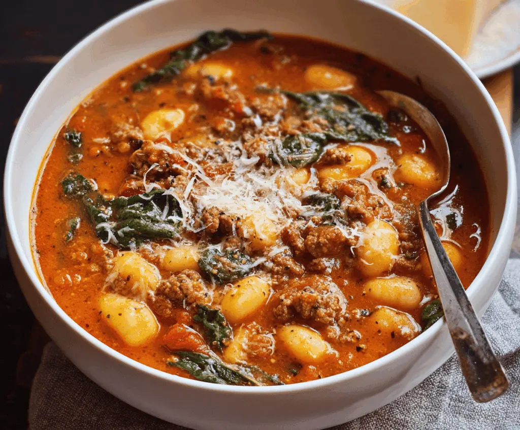 A steaming bowl of Hearty Sausage Gnocchi Soup with sausage, gnocchi, vegetables, and fresh herbs in a cozy setting