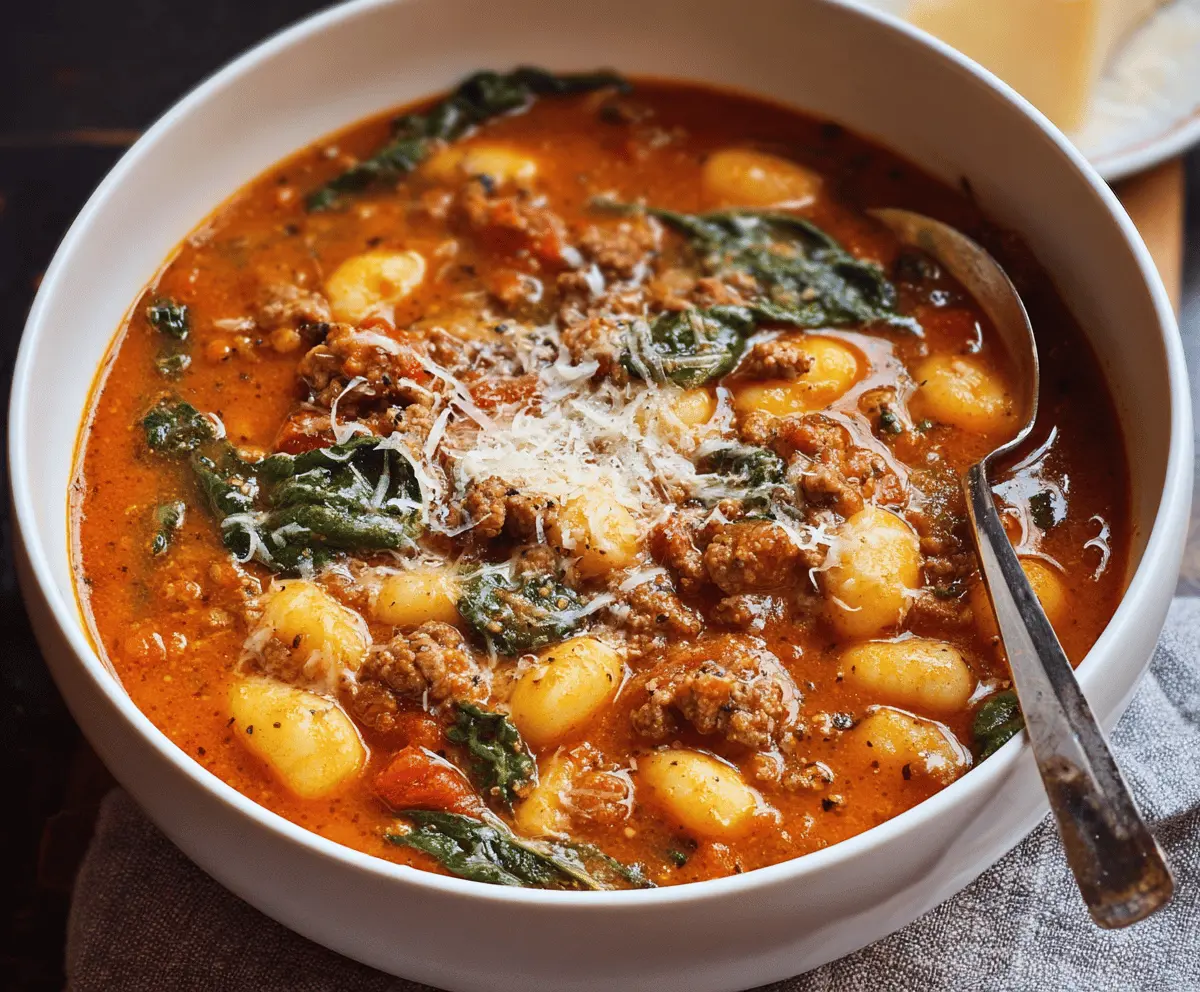 A steaming bowl of Hearty Sausage Gnocchi Soup with sausage, gnocchi, vegetables, and fresh herbs in a cozy setting