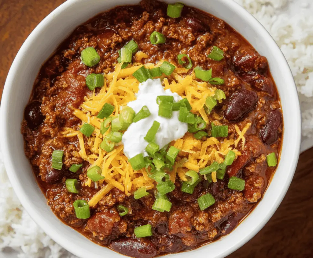 A bowl of homemade chili topped with shredded cheese and fresh herbs, served with tortilla chips on a rustic wooden table.