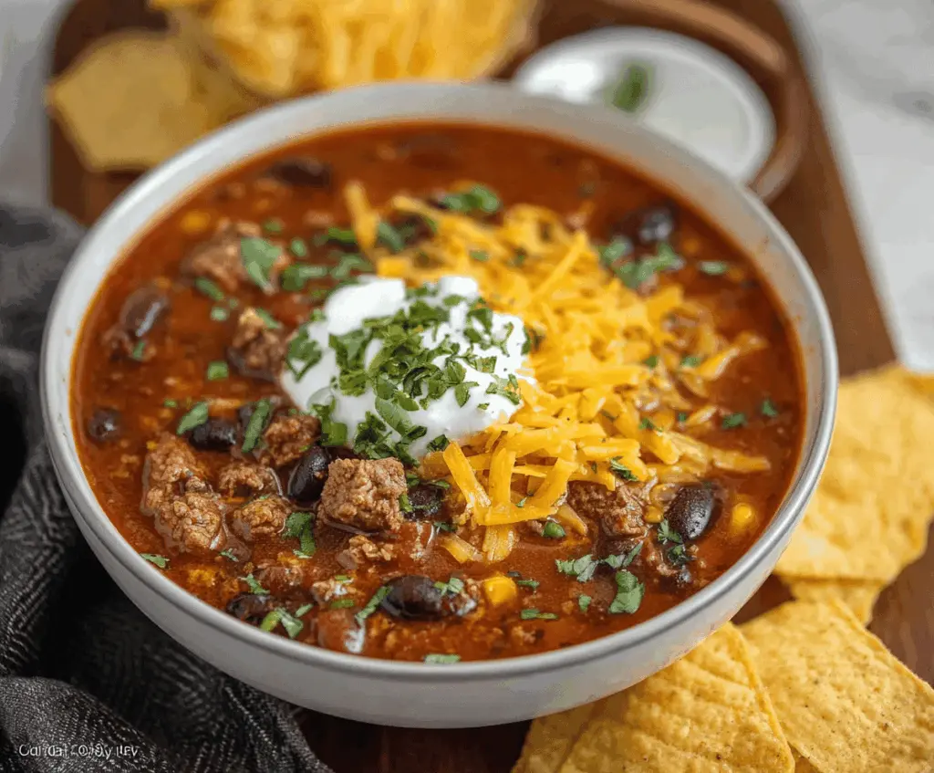 Delicious Instant Pot Beef Taco Soup in a bowl topped with shredded cheese, fresh cilantro, and diced tomatoes, ready to serve