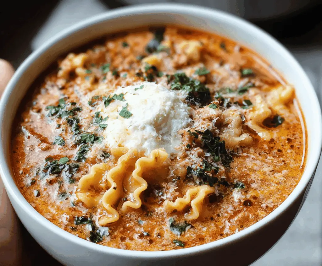 Creamy and flavorful Instant Pot Lasagna Soup in a bowl topped with melted cheese, fresh basil, and bubbling broth, ready to serve