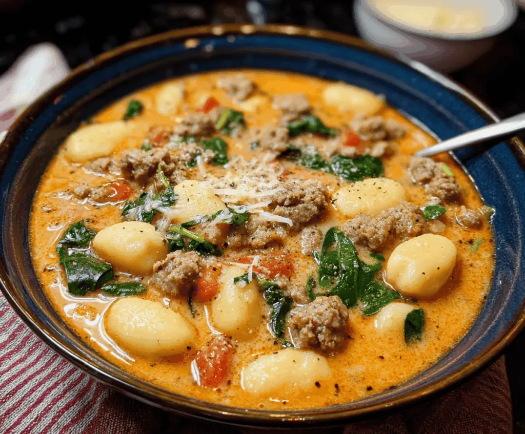 Creamy Italian Sausage Gnocchi Soup in a bowl with sausage, spinach, and gnocchi, garnished with herbs, ready to serve