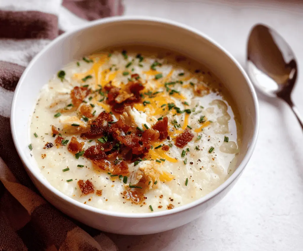 Creamy leftover mashed potato soup garnished with herbs in a bowl, perfect for a cozy meal