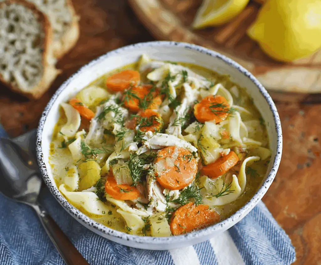 A steaming bowl of Lemon Dill Chicken Noodle Soup topped with fresh dill and lemon slices, featuring tender chicken, noodles, and vegetables in a flavorful broth.