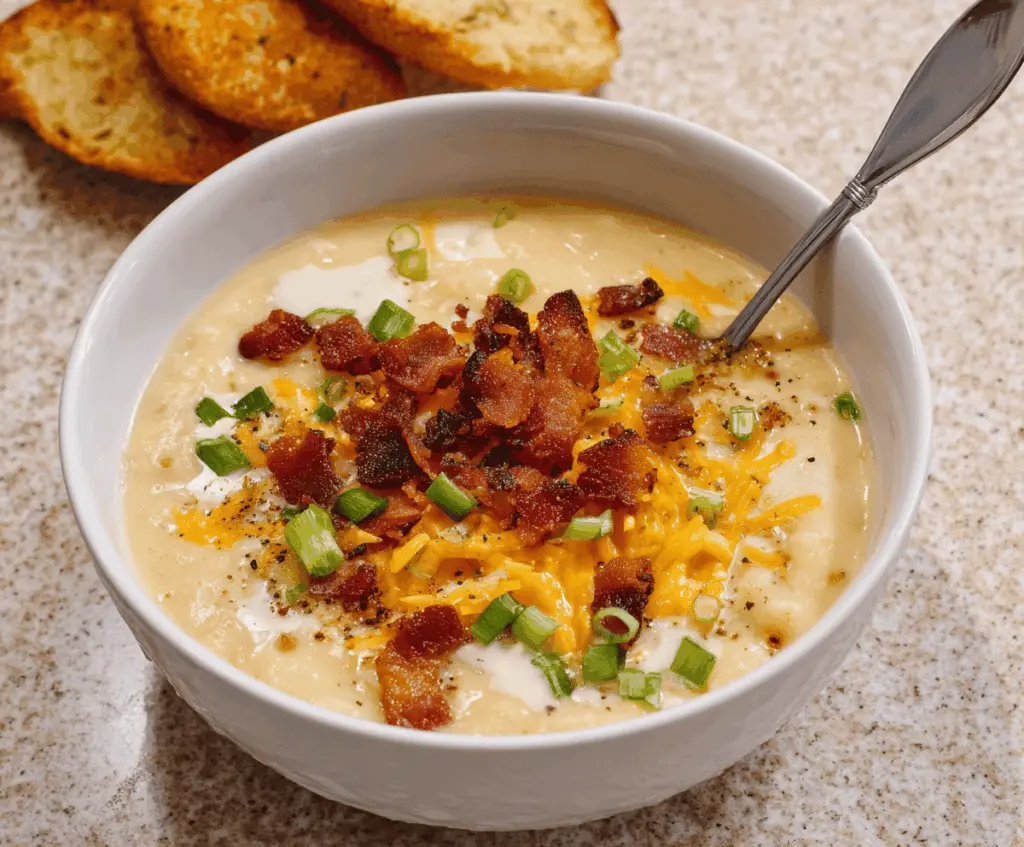 Creamy loaded potato soup topped with crispy bacon, shredded cheese, chopped green onions, and a dollop of sour cream in a rustic bowl