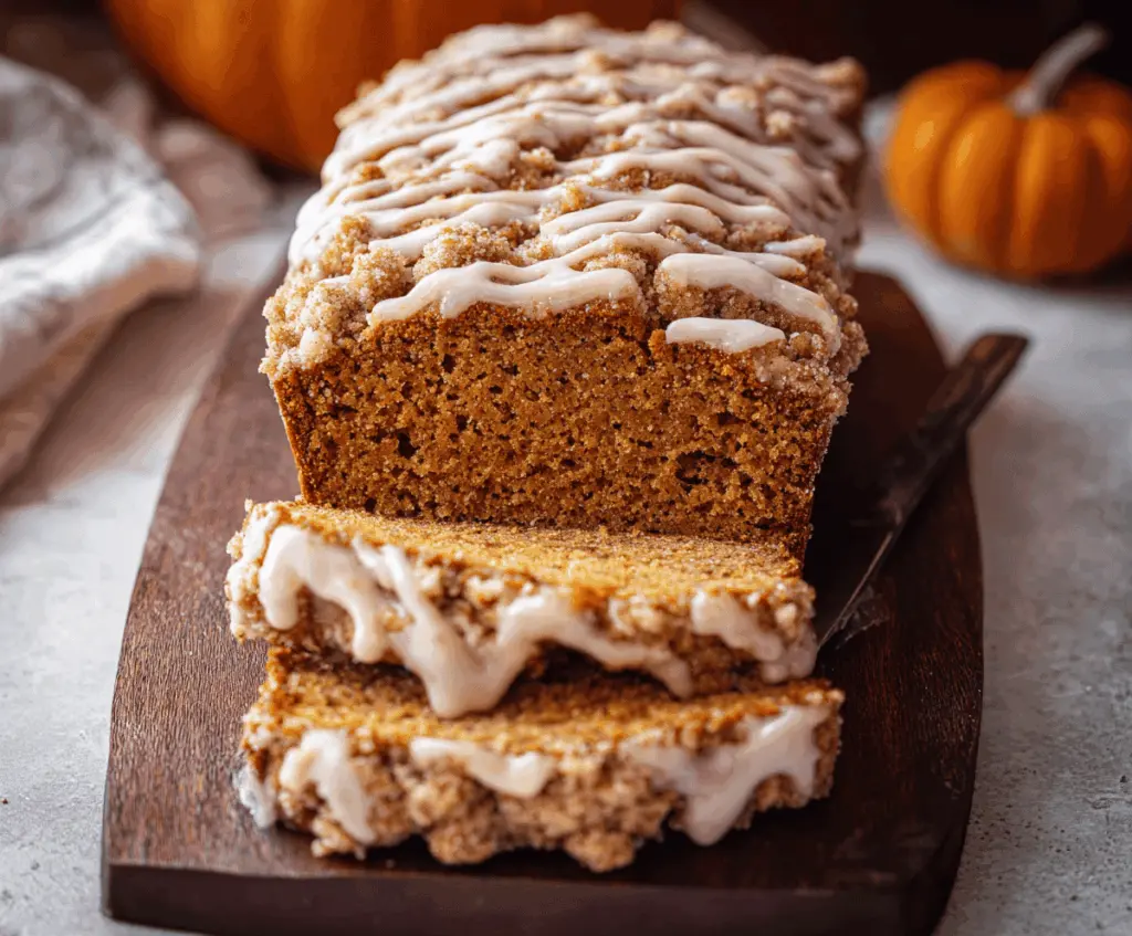 Sweet, moist pumpkin bread topped with golden maple glaze and crunchy streusel crumbs, perfect for fall baking