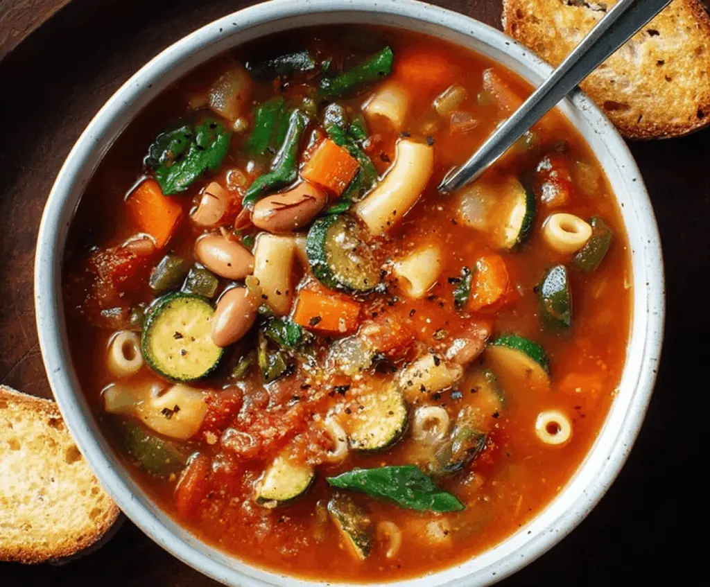 A steaming bowl of colorful minestrone soup filled with vegetables, beans, and pasta, garnished with fresh herbs in a rustic bowl on a wooden table.