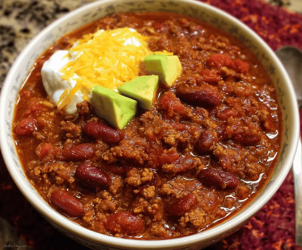 Delicious hearty one-pot chili with ground beef, beans, tomatoes, and spices served in a bowl, perfect for a comforting meal