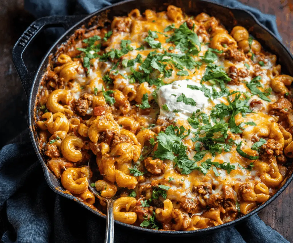 Delicious one-pot chili mac and cheese served in a bowl with melted cheese, seasoned ground beef, and pasta, perfect for a quick comfort meal.