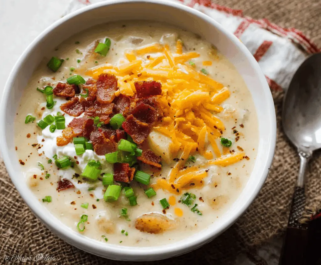 Creamy and comforting one-pot potato soup served in a bowl, garnished with fresh herbs and surrounded by rustic ingredients, perfect for a cozy meal.