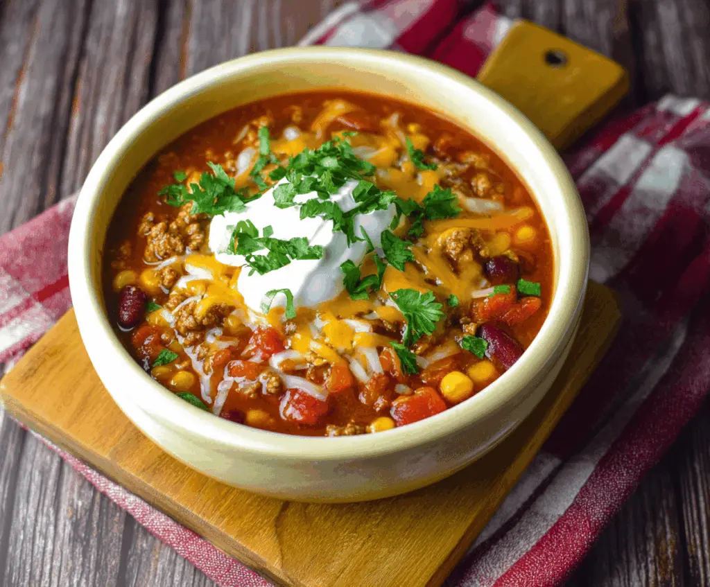 Delicious One-Pot Taco Soup with ground beef, beans, corn, tomatoes, and taco seasonings in a bowl, served hot with toppings.