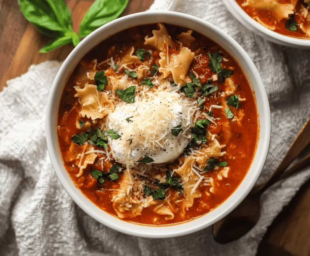 Delicious one-pot vegetarian lasagna soup with layers of pasta, fresh vegetables, melted cheese, and herbs in a savory broth