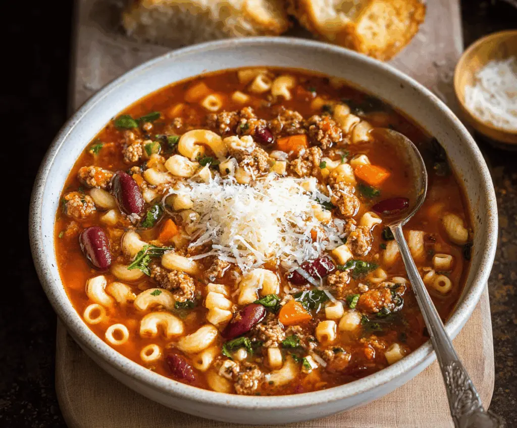 Hearty Pasta e Fagioli Soup with pasta, beans, and fresh herbs in a rustic bowl, perfect for comforting homemade Italian-style meals.