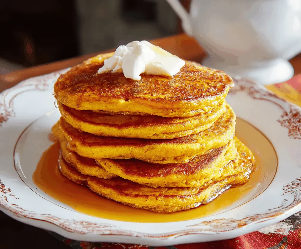 Delicious Pioneer Woman Pumpkin Pancakes topped with whipped cream and cinnamon, served on a plate with maple syrup for a perfect fall breakfast.