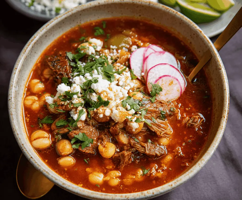 A bowl of traditional pozole soup topped with shredded lettuce, radishes, lime wedges, and oregano, featuring tender hominy and flavorful broth.