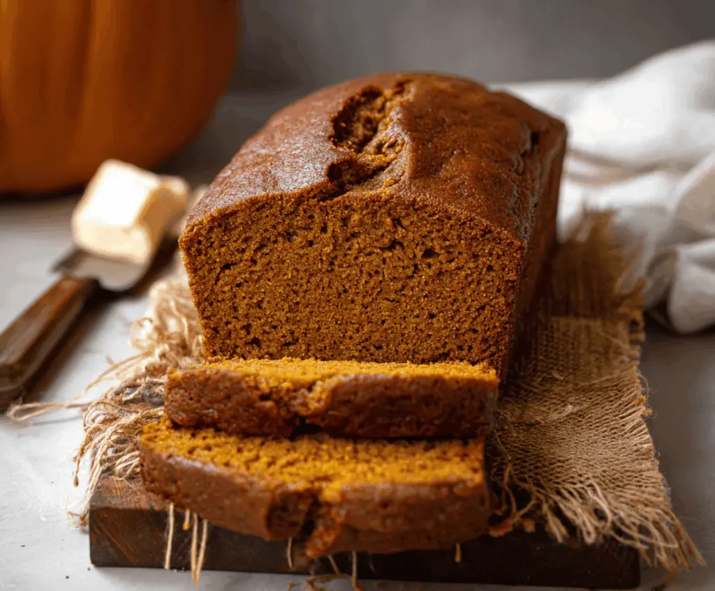 Homemade Pumpkin Bread topped with a sprinkle of cinnamon and walnuts, sliced to reveal its moist, flavorful interior perfect for fall baking.
