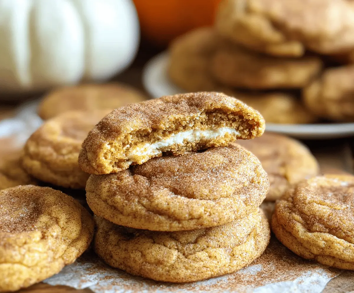 Delicious Pumpkin Cheesecake Snickerdoodle Cookies with a creamy pumpkin filling and cinnamon-sugar coating on a rustic baking sheet