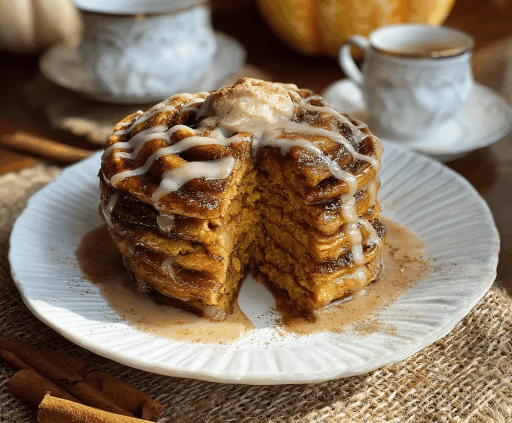 Delicious pumpkin cinnamon roll pancakes topped with cream cheese glaze, perfect for fall breakfast or brunch.