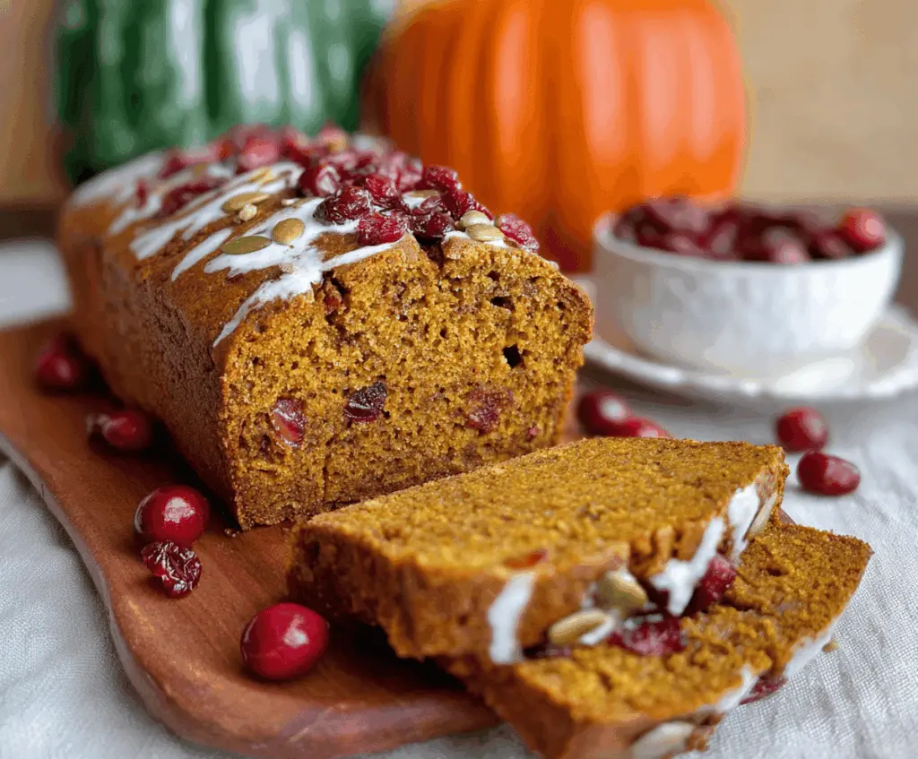 Freshly baked pumpkin cranberry bread sliced on a plate, featuring vibrant orange pumpkin and red cranberries, perfect for fall baking.