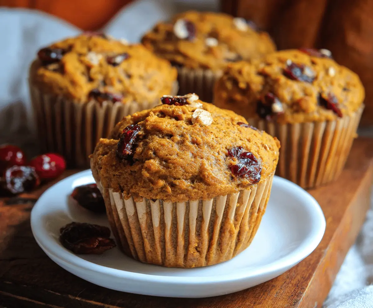 Freshly baked pumpkin cranberry muffins in a blue muffin tin, featuring vibrant orange pumpkin and red cranberries, perfect for fall breakfast or snack.