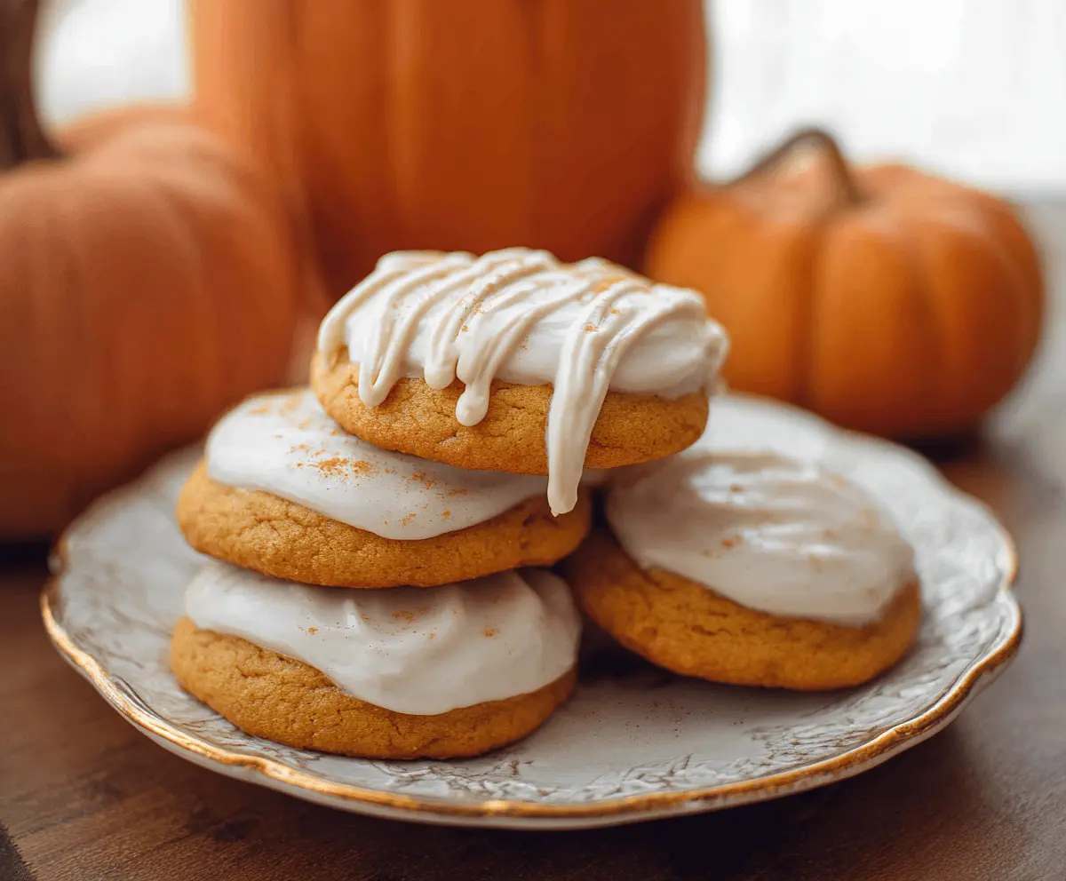 Delicious pumpkin frosted cookies with orange and white icing, perfect for fall and Halloween treats