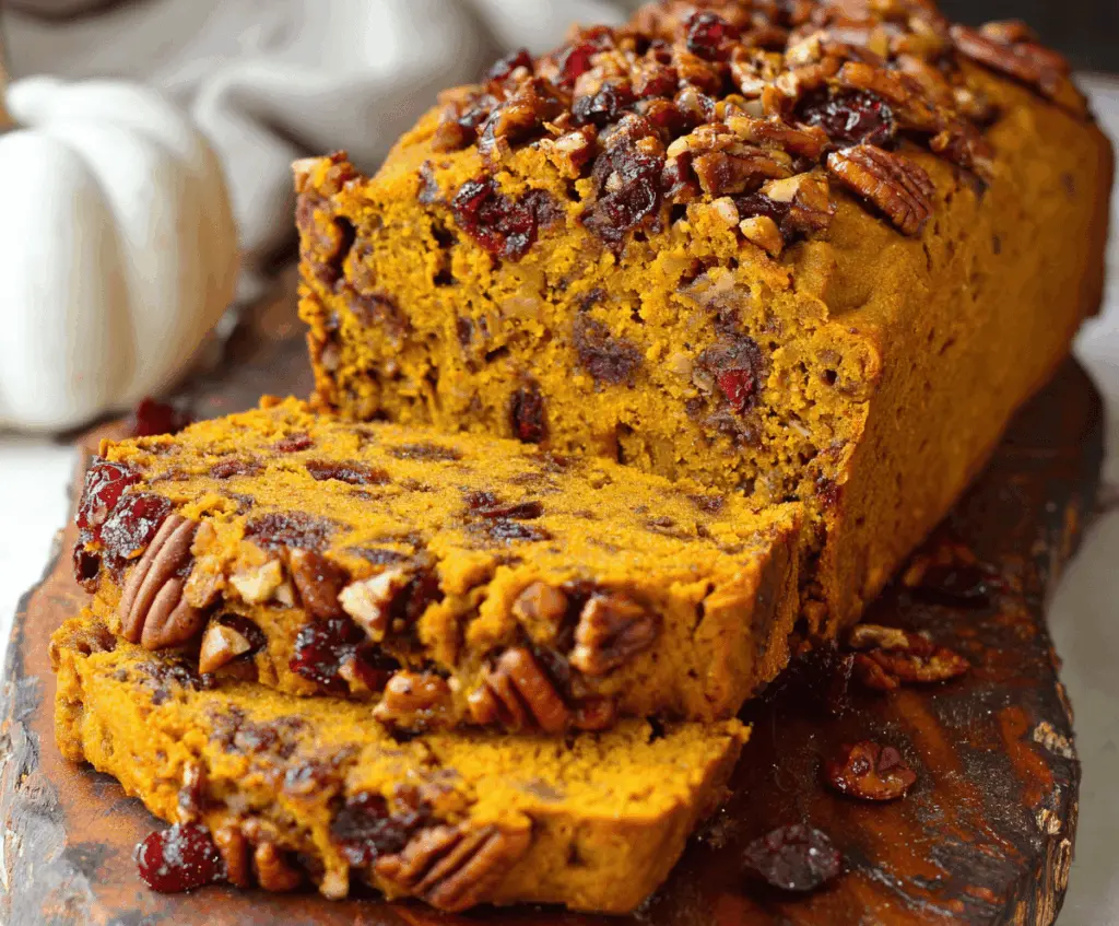 Homemade Pumpkin Pecan Cranberry Bread topped with toasted pecans and fresh cranberries, sliced to reveal moist orange and pumpkin swirls, perfect for fall baking