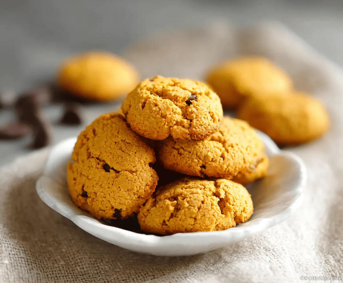 Delicious homemade pumpkin protein cookies on a white plate, featuring a soft, chewy texture with a hint of cinnamon and pumpkin spice, perfect for a healthy snack.