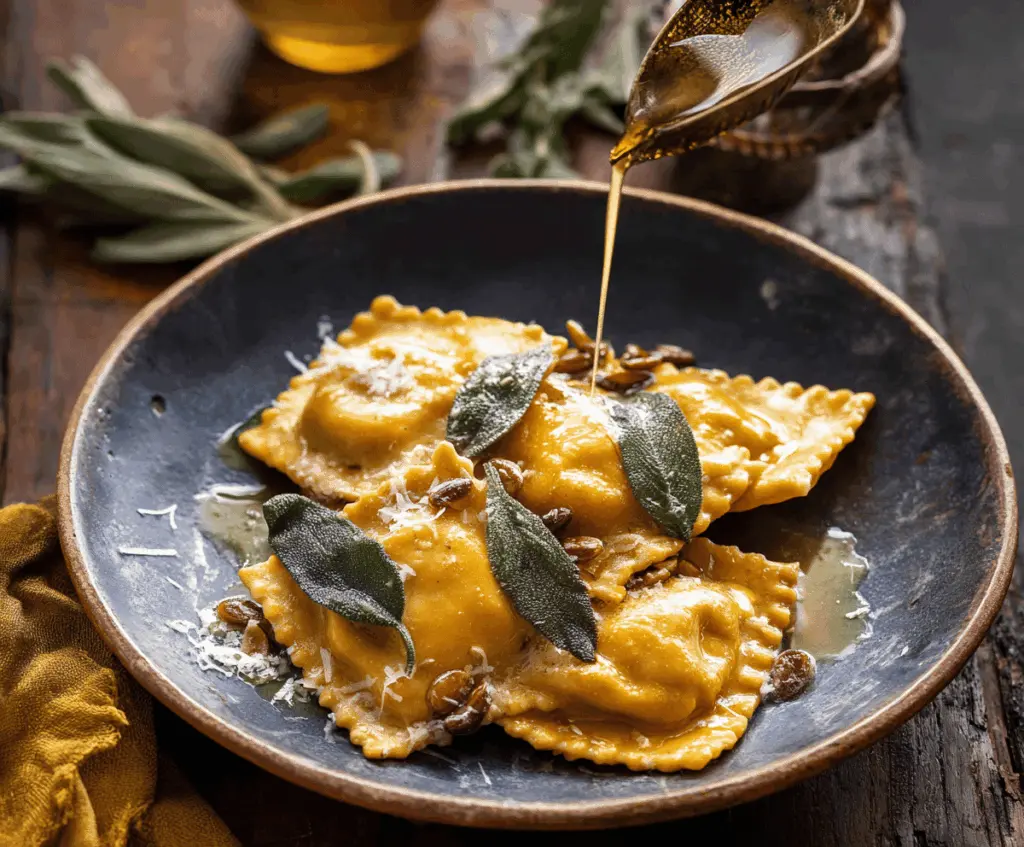 Delicious pumpkin ravioli topped with brown butter and fresh sage, served on a plate for a flavorful autumn-inspired dish.