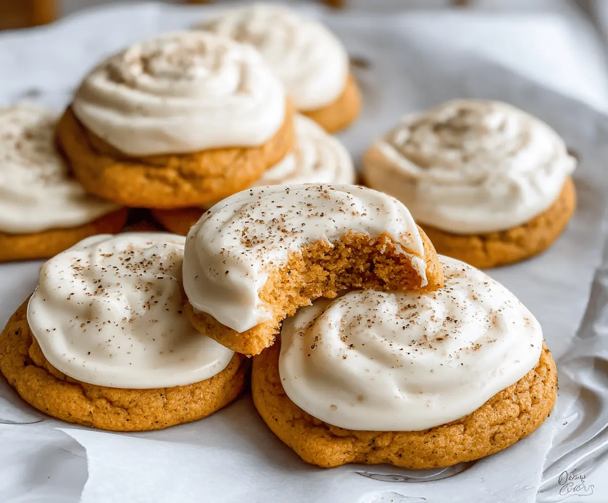Sweet pumpkin sugar cookies topped with creamy cream cheese frosting and festive decorations, perfect for fall treats