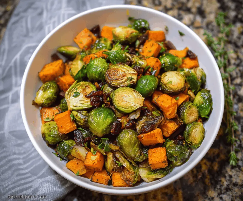 Delicious roasted Brussels sprouts and sweet potatoes garnished with herbs on a baking sheet, perfect for a healthy, flavorful side dish.