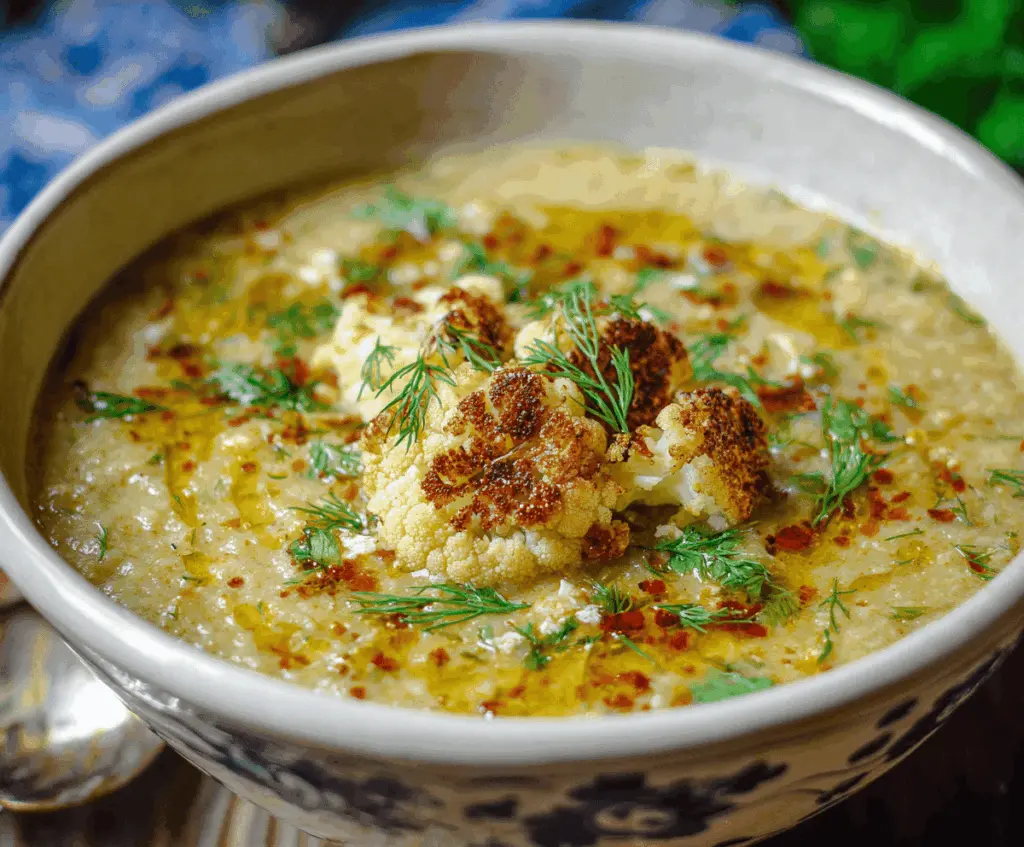 Creamy roasted cauliflower soup served in a bowl garnished with fresh herbs, perfect for a healthy, comforting meal.