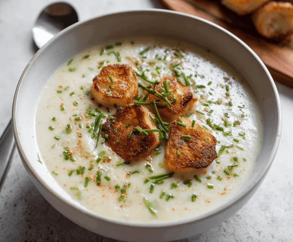 Creamy roasted garlic potato soup in a bowl garnished with fresh herbs, served with crusty bread on a rustic table.