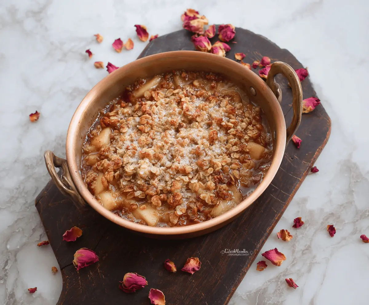 Delicious rose water apple crisp served in a rustic bowl with fresh apple slices and a dusting of powdered sugar, perfect for a floral-infused dessert