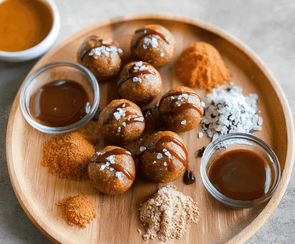 Delicious Salted Caramel Pumpkin Protein Balls on a white plate, showcasing a healthy and tasty snack made with pumpkin, caramel flavor, and protein powder
