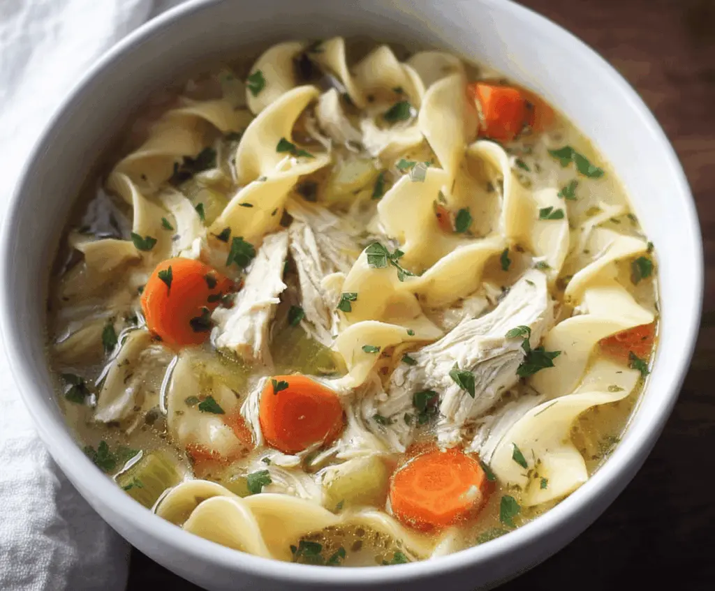 Hearty slow cooker chicken noodle soup with tender chicken, vegetables, and egg noodles in a flavorful broth