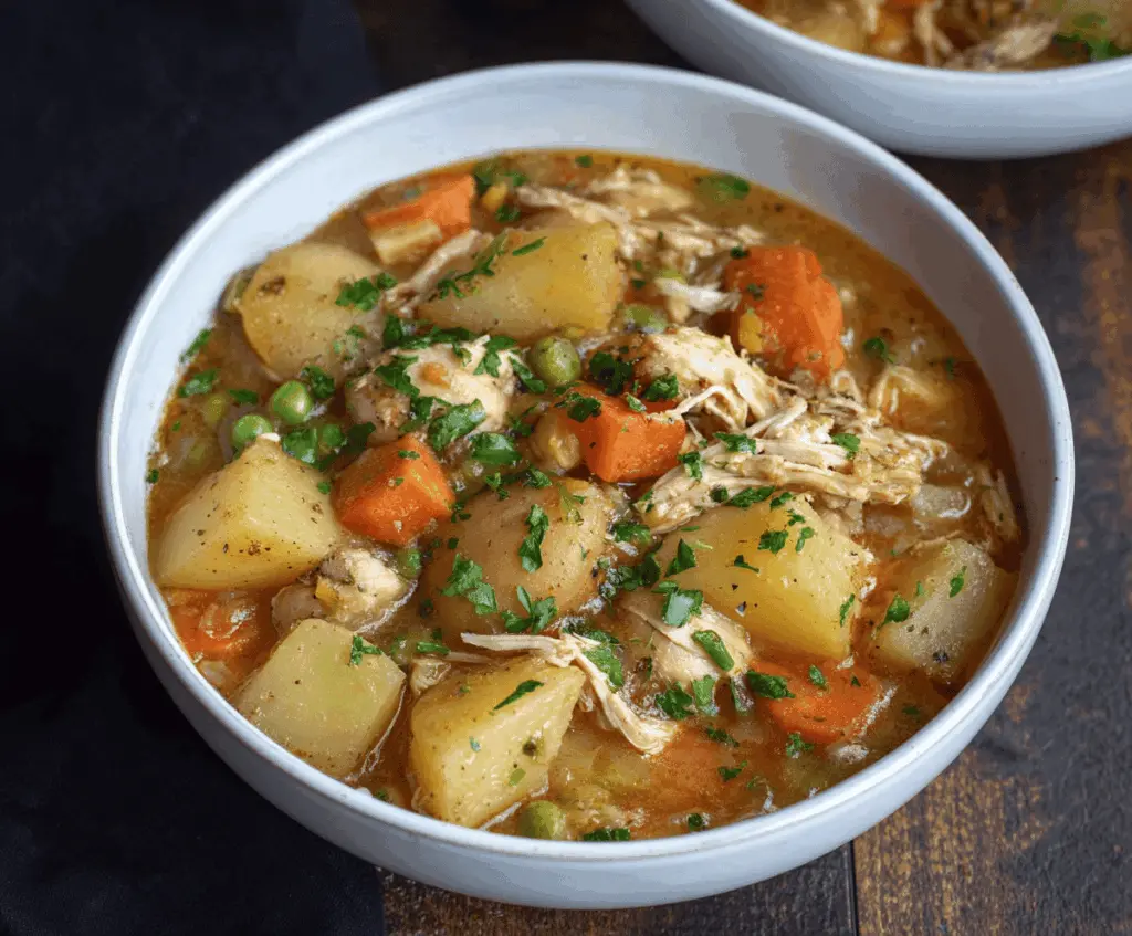 Hearty slow cooker chicken stew with vegetables and herbs in a bowl, perfect for comforting home-cooked meals.