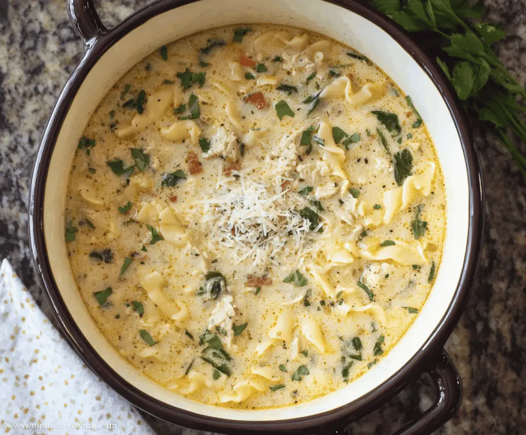 Creamy Slow Cooker White Lasagna Soup in a bowl topped with fresh herbs and melted cheese, ready to serve
