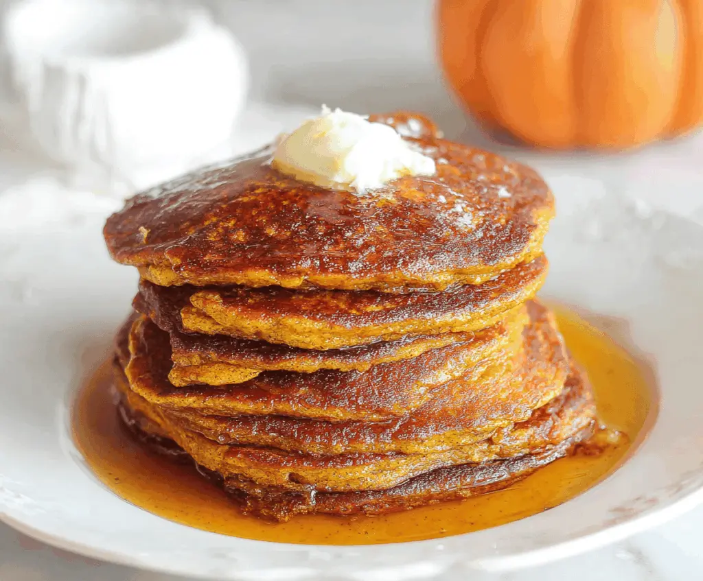 Fluffy Sourdough Pumpkin Pancakes topped with whipped cream and cinnamon on a rustic plate, perfect for breakfast or brunch.