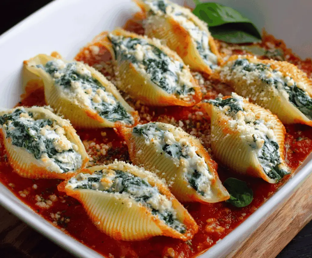 Delicious spinach and ricotta stuffed pasta shells baked to perfection with melted cheese and fresh herbs.