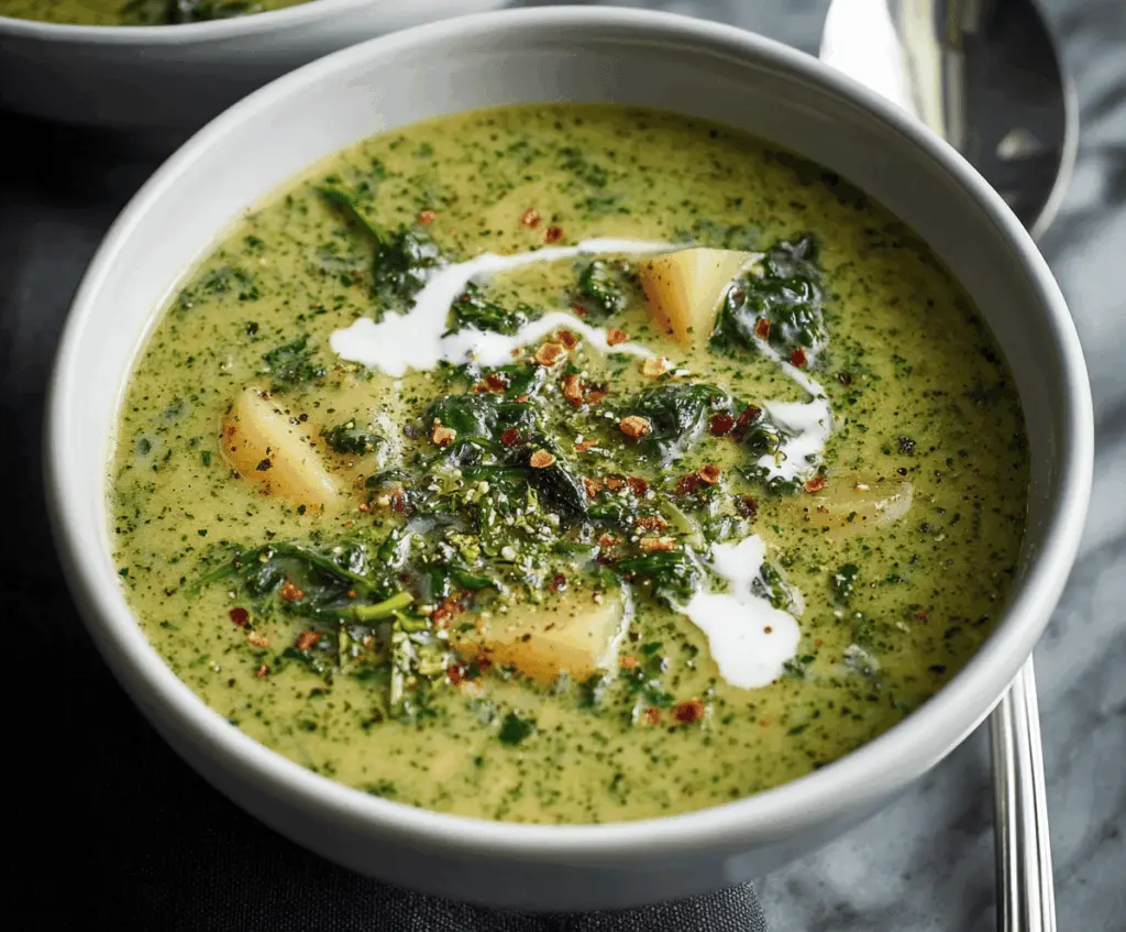 Creamy spinach and potato soup served in a bowl, garnished with fresh herbs, perfect for a warm, nutritious meal.