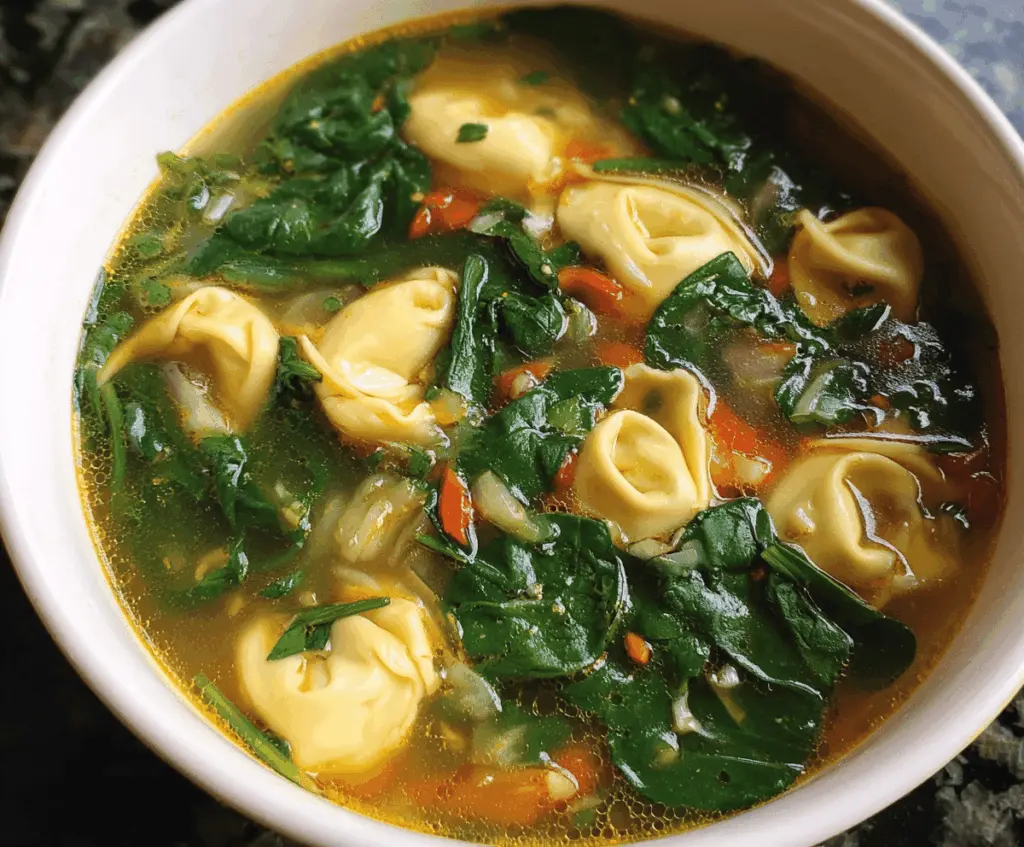A bowl of creamy spinach tortellini soup garnished with fresh herbs, featuring spinach, cheese-filled tortellini, and vegetables in a savory broth.
