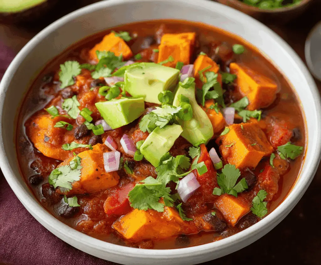 A delicious bowl of hearty sweet potato chili topped with fresh cilantro and sour cream, featuring diced sweet potatoes, black beans, and spicy chili peppers.