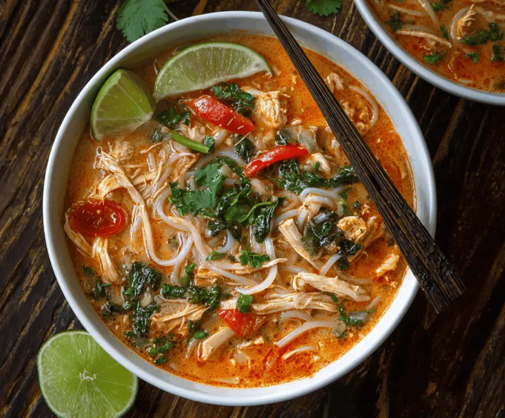 A bowl of steaming Thai Chicken Noodle Soup garnished with fresh herbs and lime wedges, showcasing tender chicken, rice noodles, and colorful vegetables in a flavorful broth.