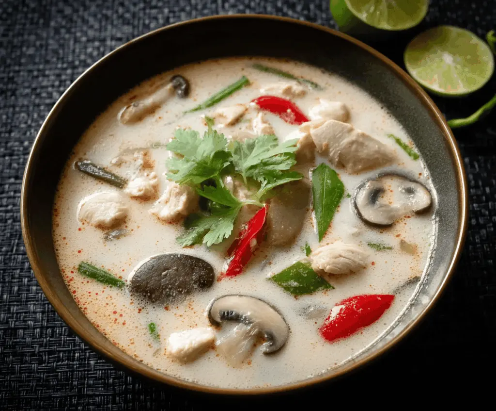 Creamy Tom Kha Gai soup with chicken, mushrooms, Thai herbs, and coconut milk in a bowl, garnished with fresh cilantro