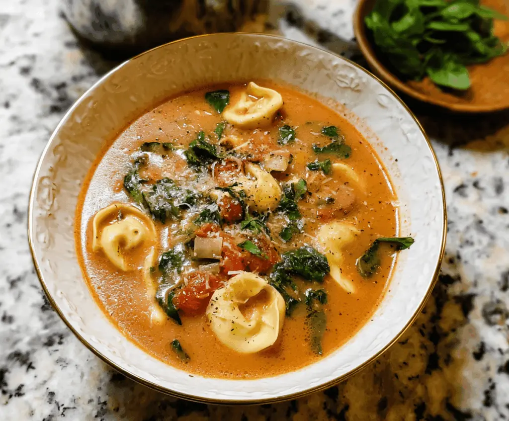 Creamy tortellini soup with fresh basil and grated Parmesan cheese in a bowl, served with crusty bread on a wooden table.