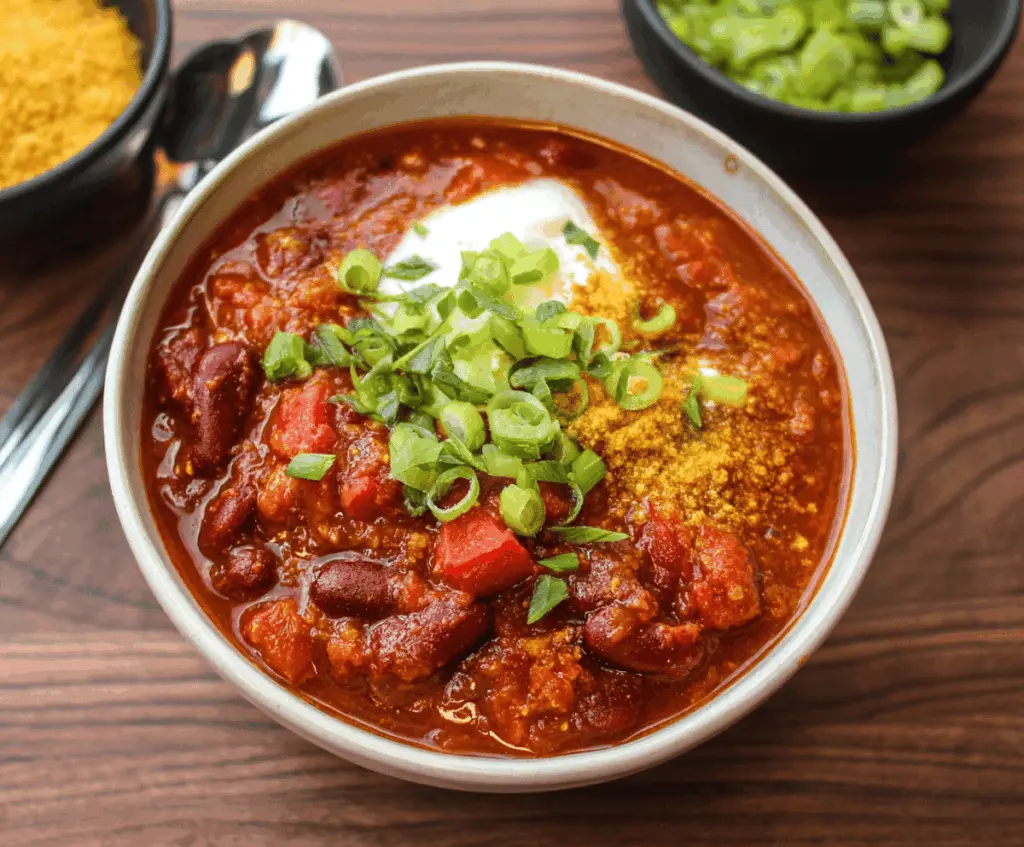 A steaming bowl of hearty vegan chili topped with chopped cilantro and diced avocados, served with crusty bread on a rustic wooden table.