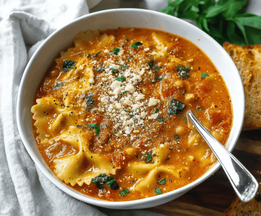 Delicious vegan lasagna soup with layers of tomato sauce, plant-based cheese, fresh basil, and noodles in a steaming bowl