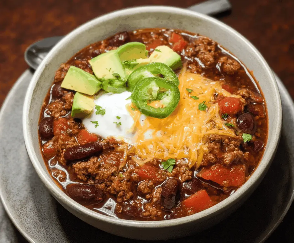 A hearty bowl of venison chili topped with shredded cheese, fresh cilantro, and diced onions, served with cornbread on the side.